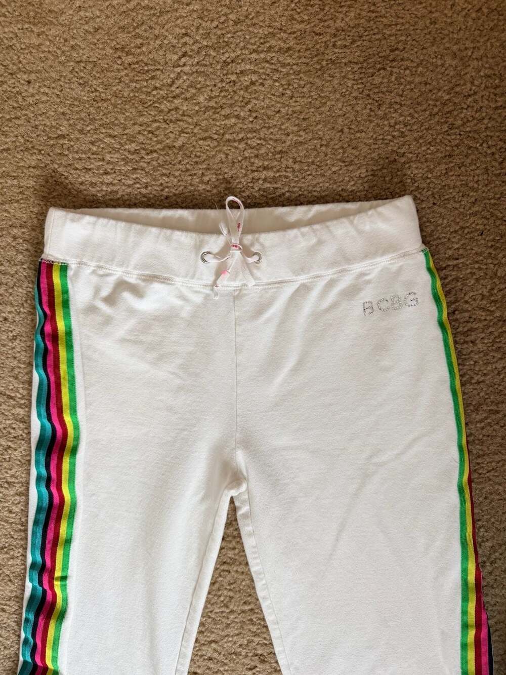 BCBGMAXAZRIA White Rainbow Stripe Rhinestone Logo Sweatpants Size S - Picture 4 of 9